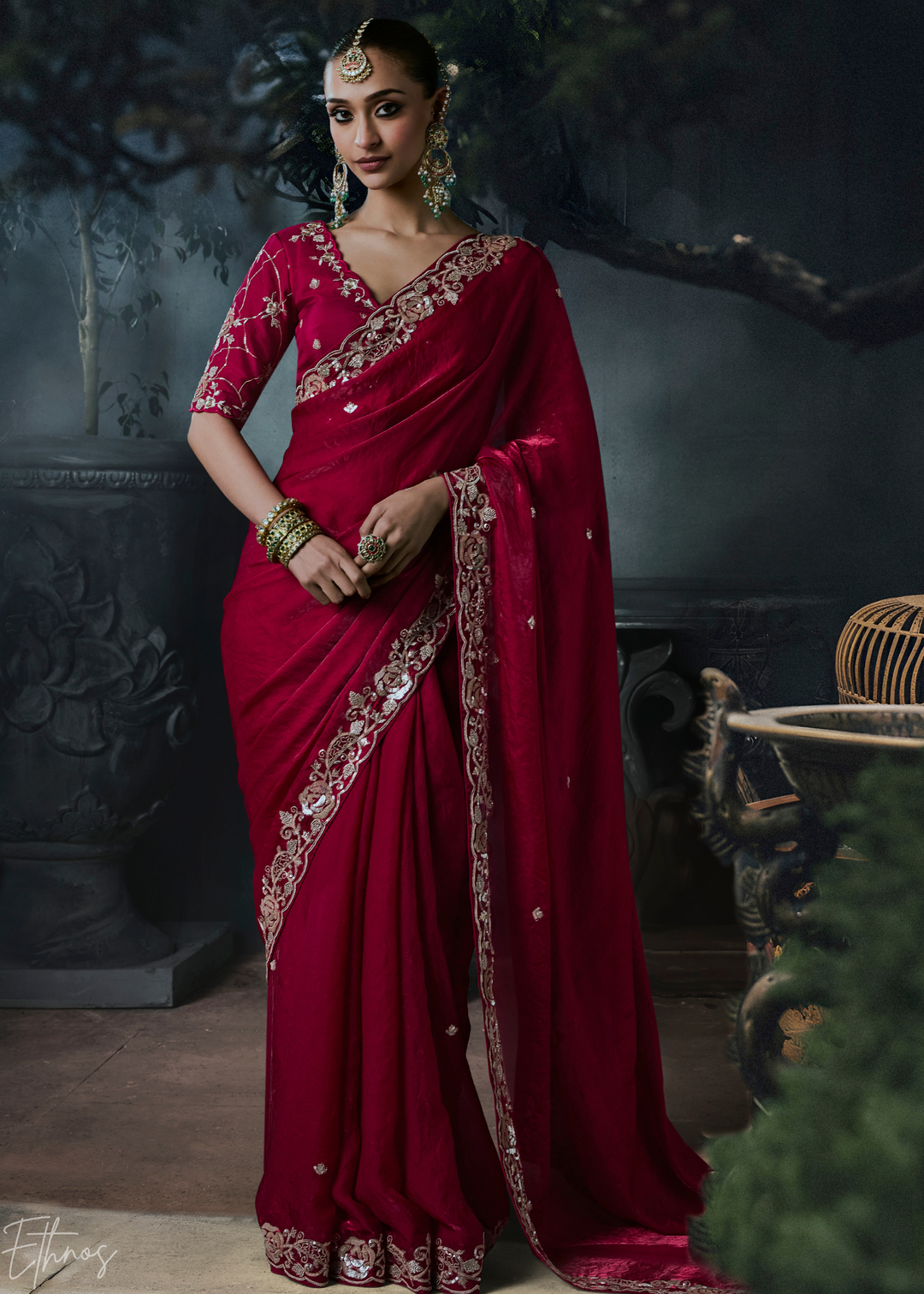 Crimson Red Sleek Border Organza Silk Saree