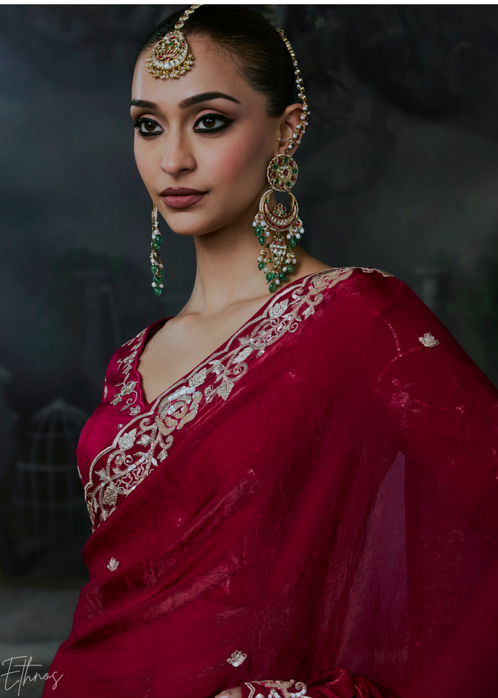 Crimson Red Sleek Border Organza Silk Saree