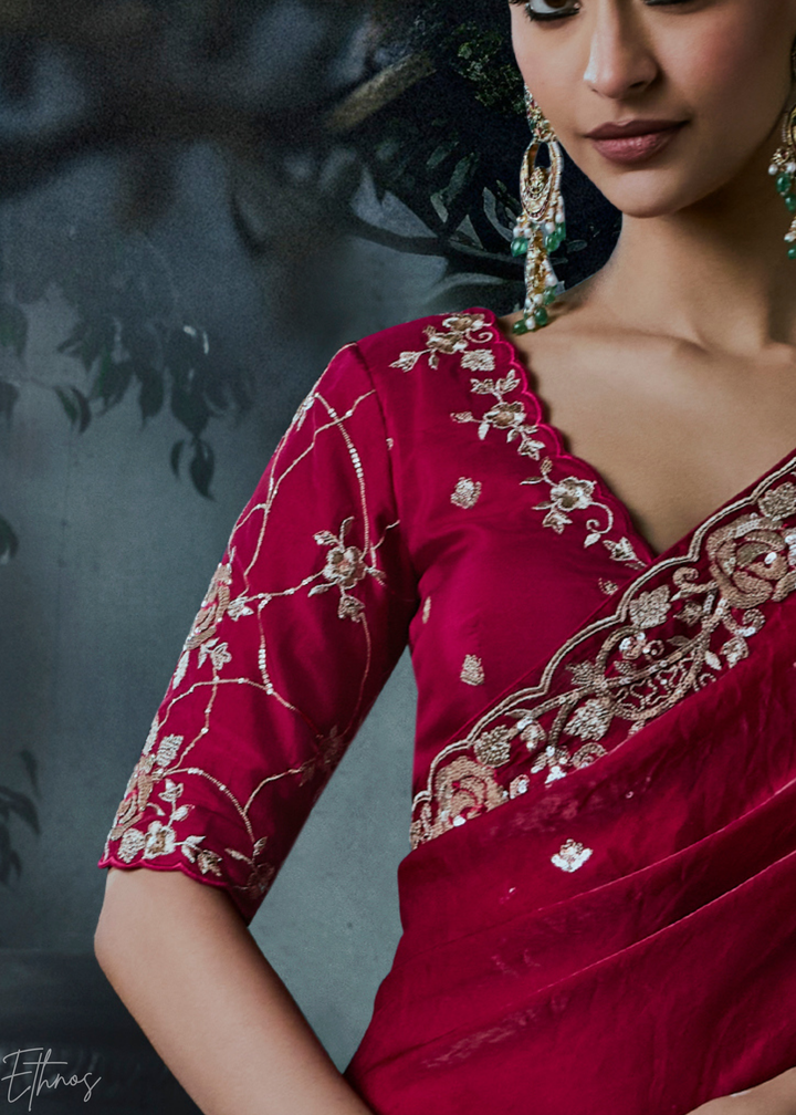 Crimson Red Sleek Border Organza Silk Saree