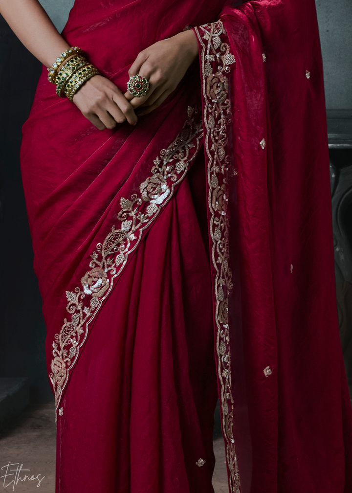 Crimson Red Sleek Border Organza Silk Saree