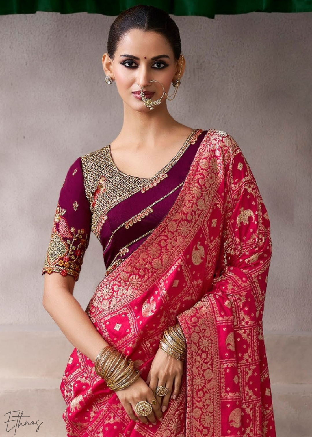Crimson Royal Scroll Crepe Silk Saree