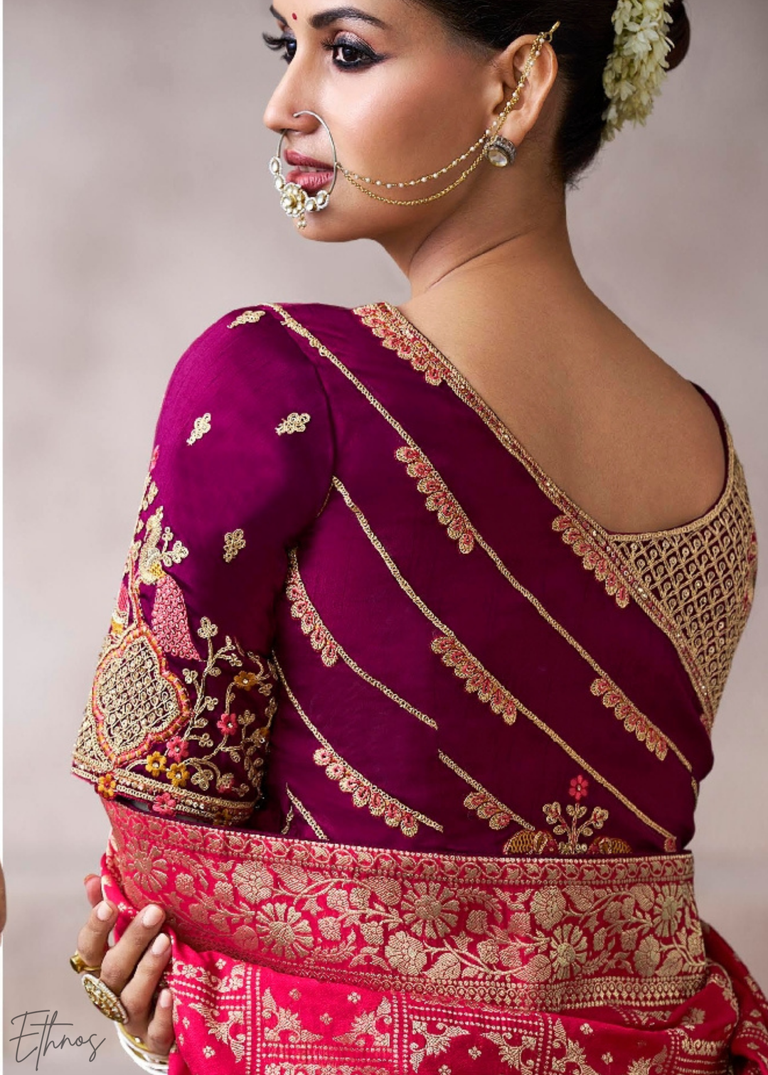 Crimson Royal Scroll Crepe Silk Saree