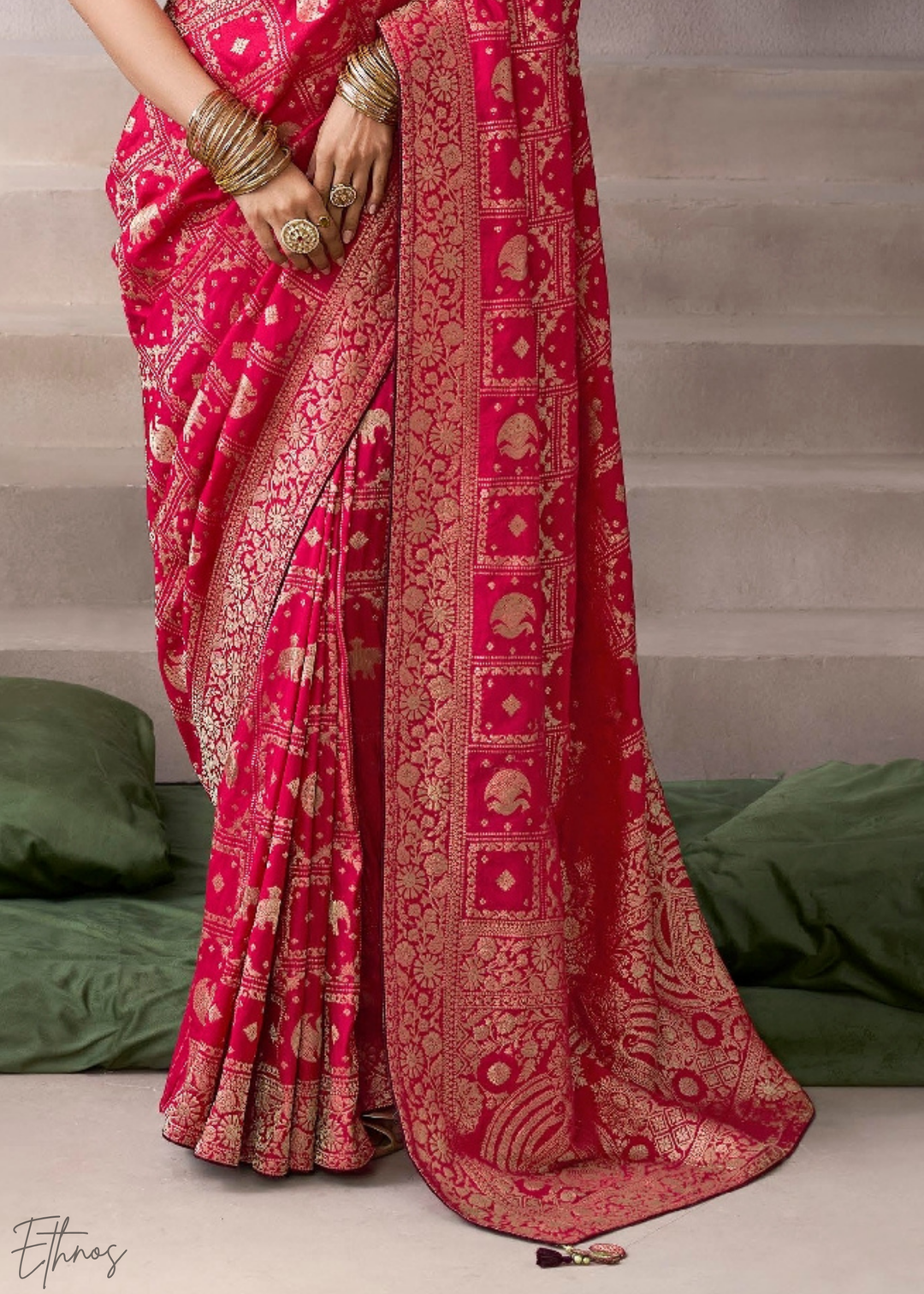 Crimson Royal Scroll Crepe Silk Saree