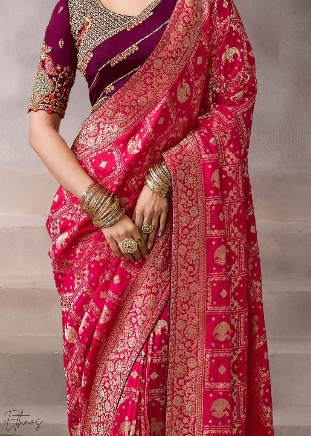 Crimson Royal Scroll Crepe Silk Saree