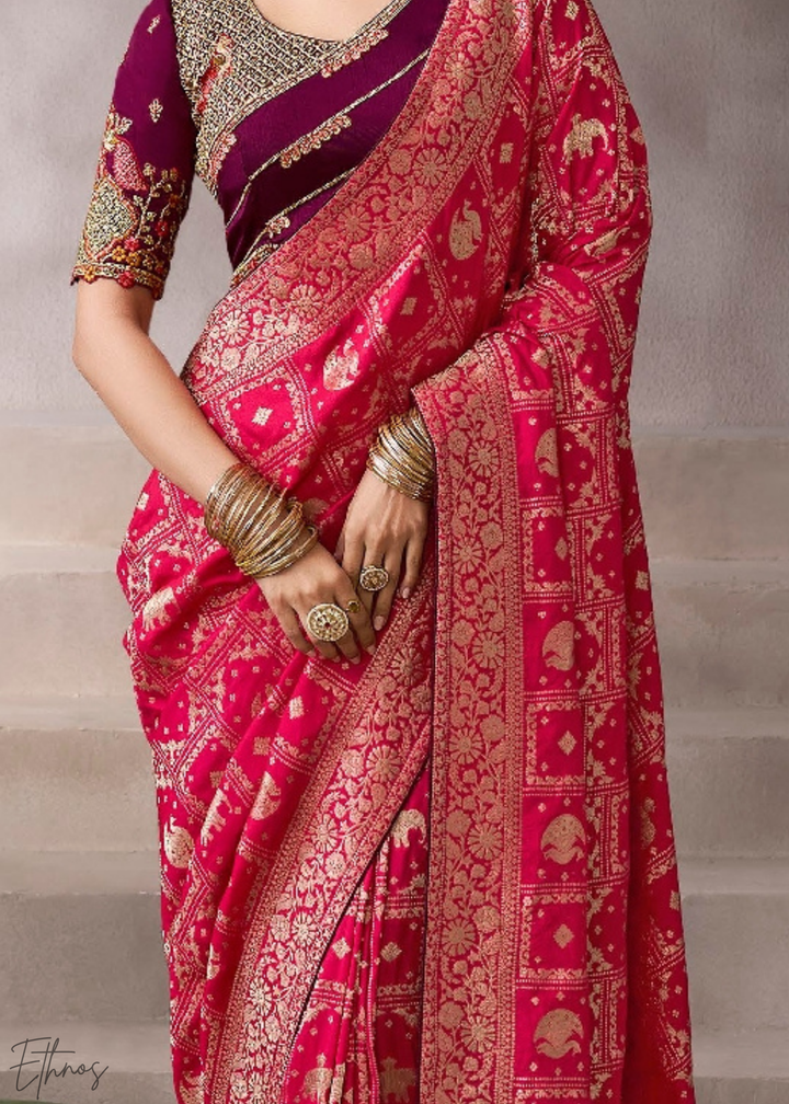 Crimson Royal Scroll Crepe Silk Saree