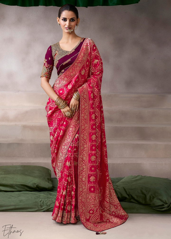 Crimson Royal Scroll Crepe Silk Saree