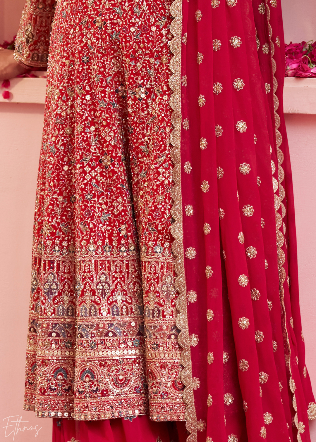 Crimson Scarlet Baroque Georgette Flared Tunic Palazzo Suit