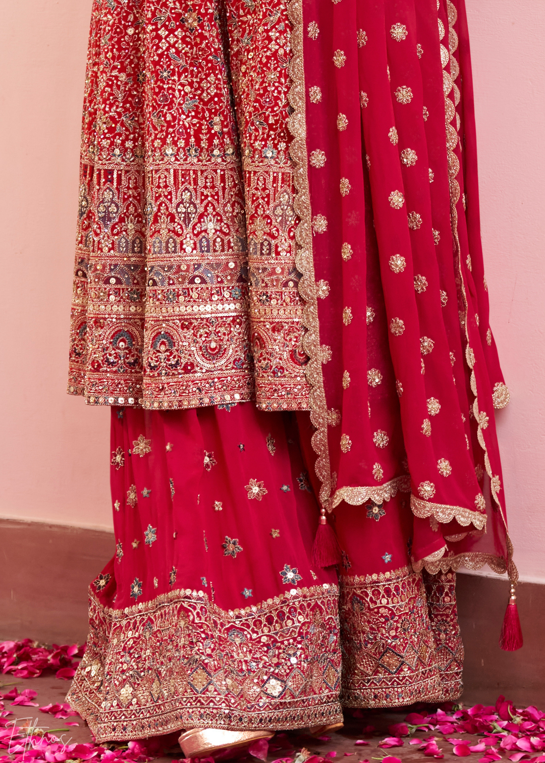 Crimson Scarlet Baroque Georgette Flared Tunic Palazzo Suit