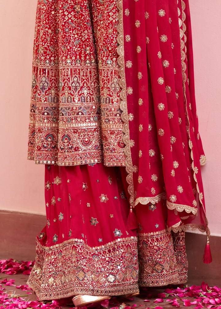 Crimson Scarlet Baroque Georgette Flared Tunic Palazzo Suit