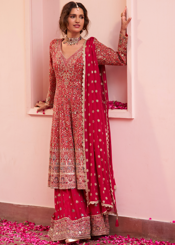 Crimson Scarlet Baroque Georgette Flared Tunic Palazzo Suit