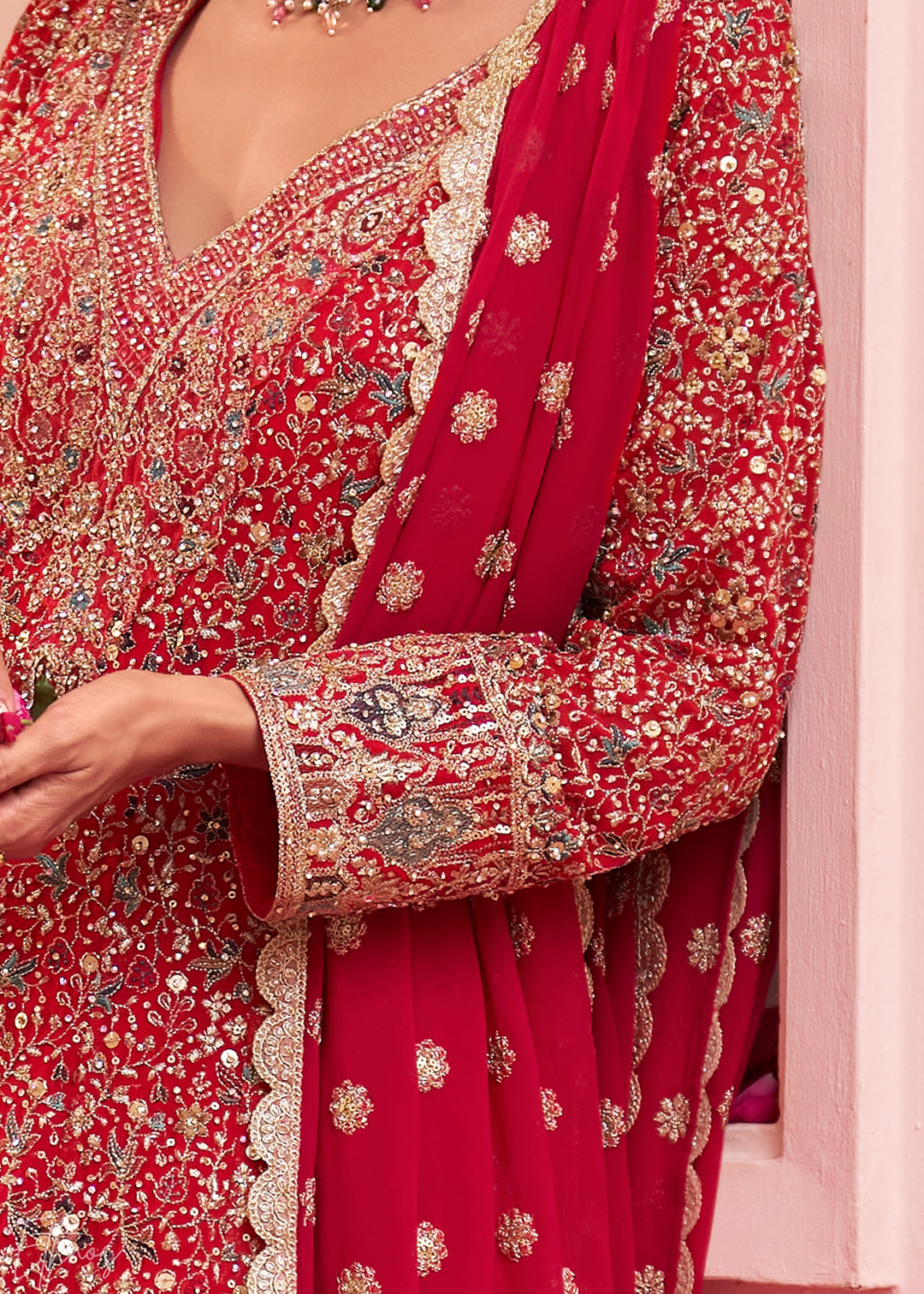 Crimson Scarlet Baroque Georgette Flared Tunic Palazzo Suit