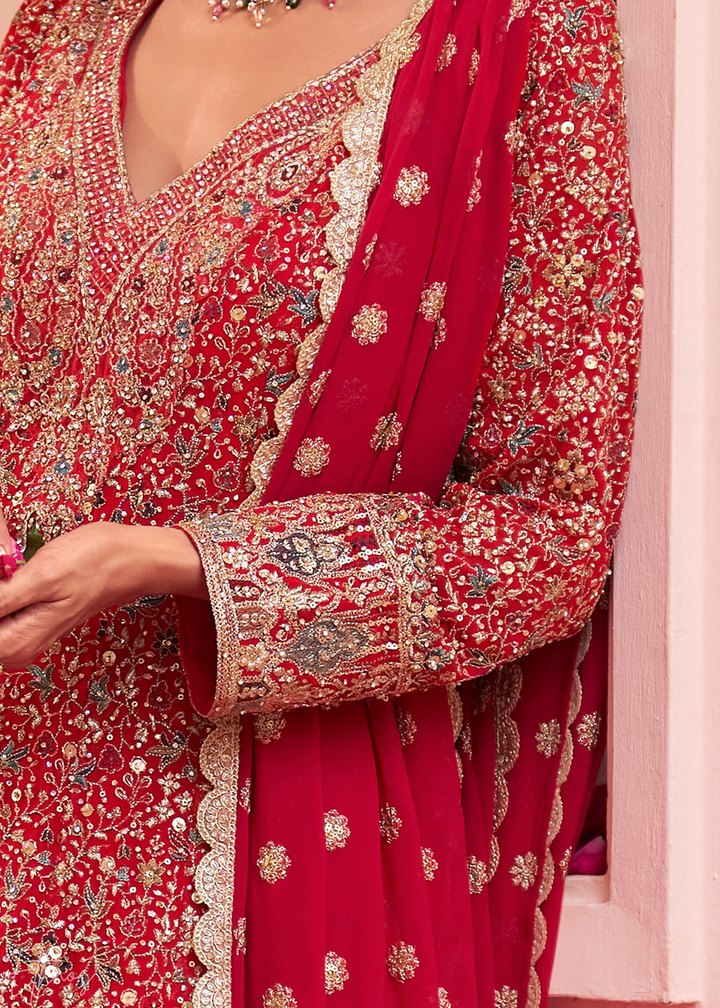Crimson Scarlet Baroque Georgette Flared Tunic Palazzo Suit