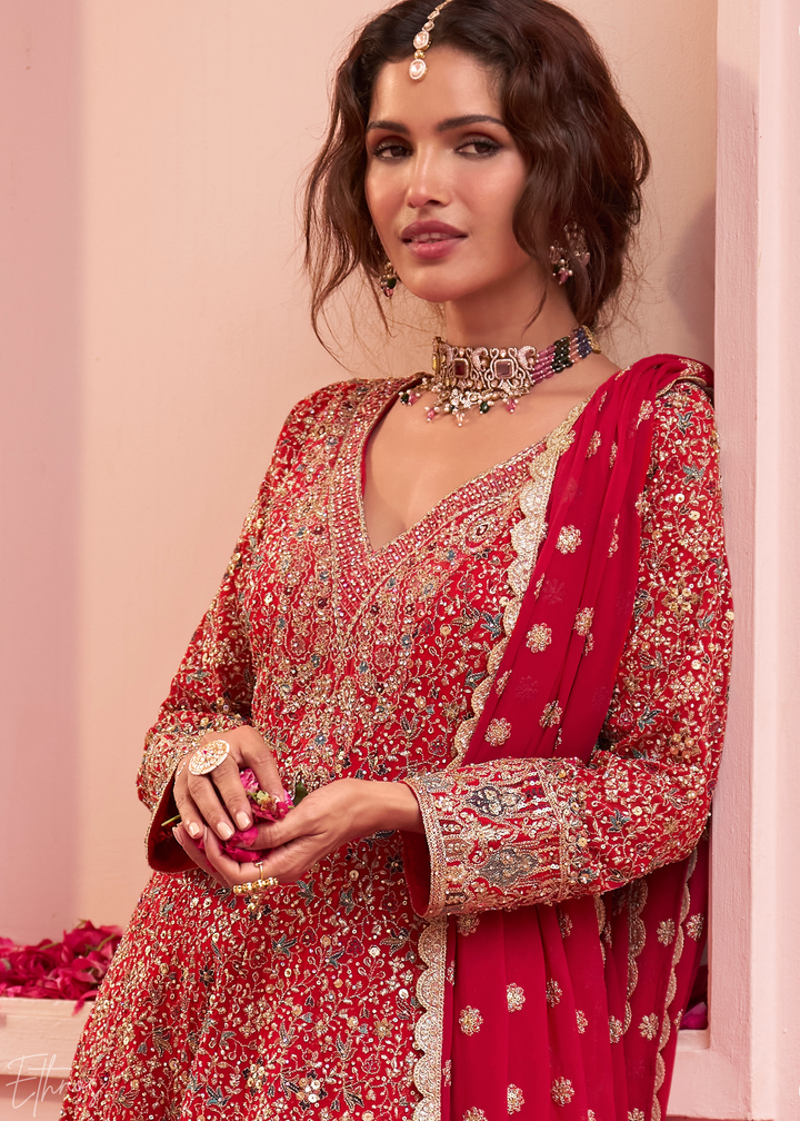 Crimson Scarlet Baroque Georgette Flared Tunic Palazzo Suit