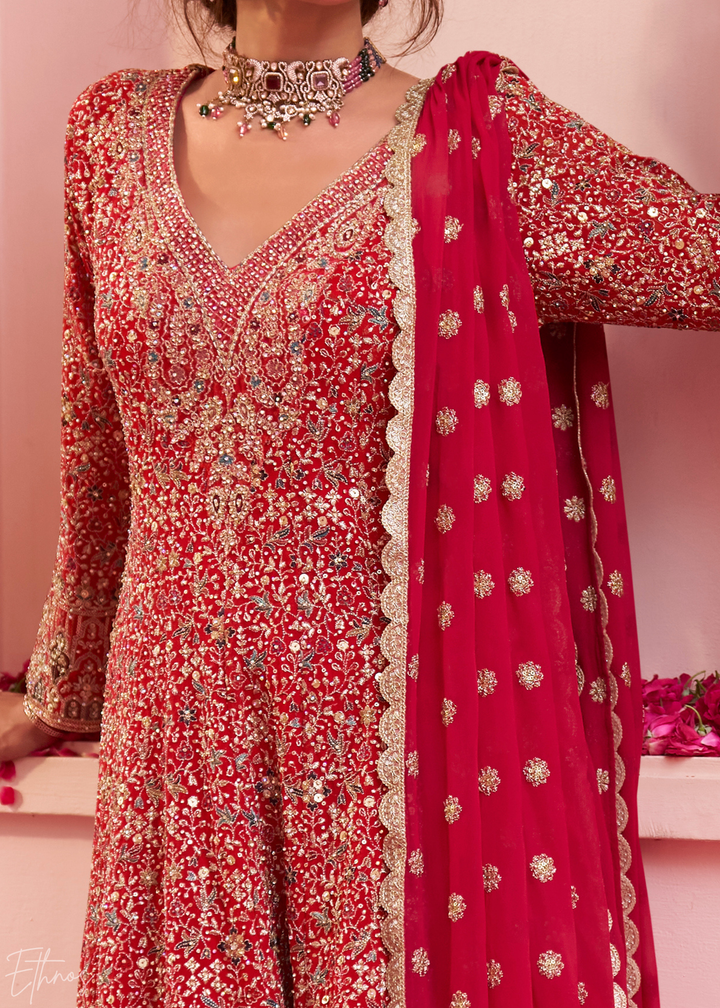 Crimson Scarlet Baroque Georgette Flared Tunic Palazzo Suit
