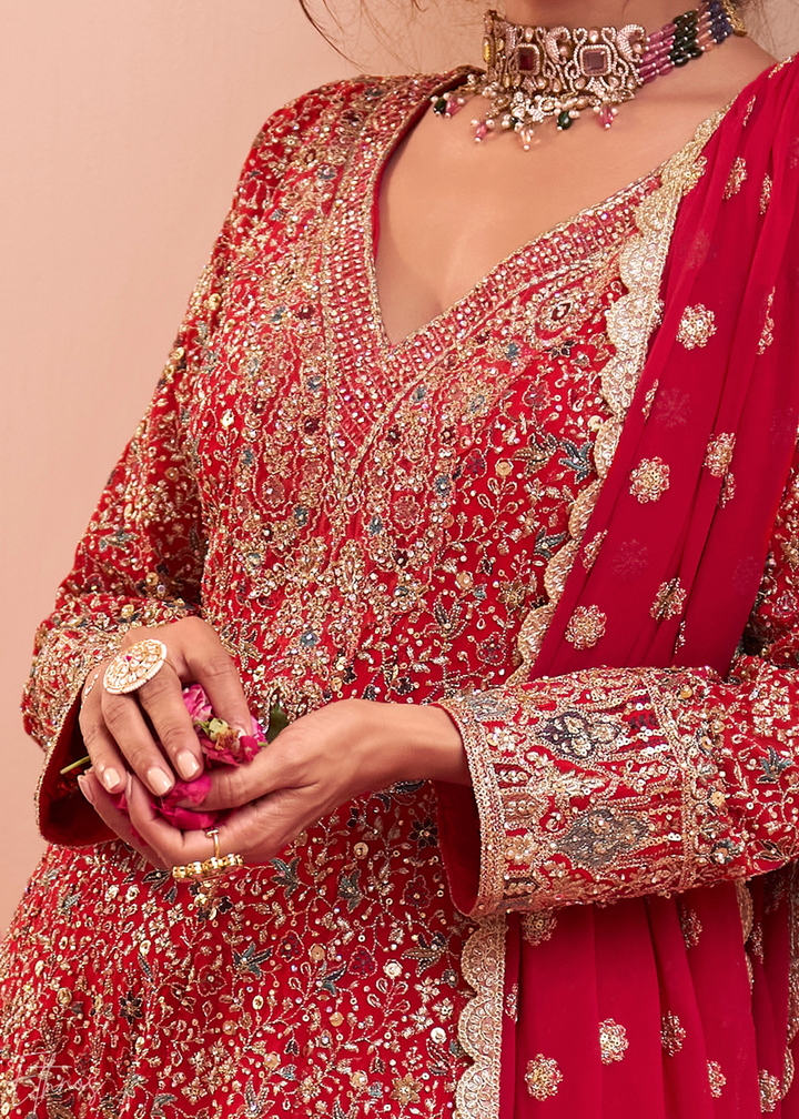 Crimson Scarlet Baroque Georgette Flared Tunic Palazzo Suit