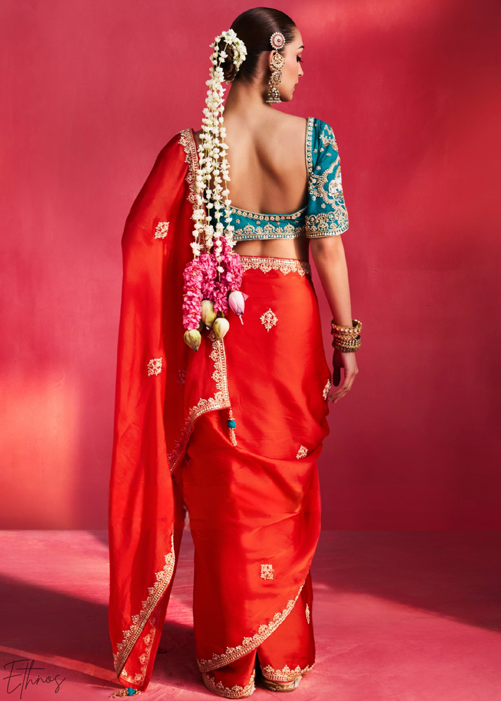 Crimson Scarlet Paisley Trim Border Soft Silk Saree