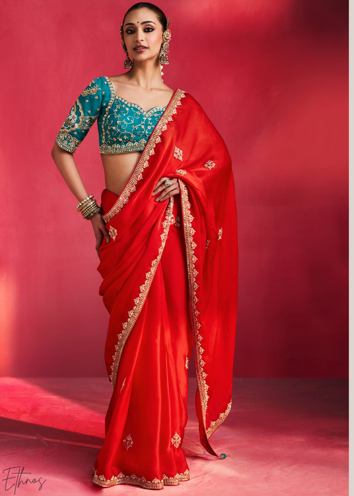 Crimson Scarlet Paisley Trim Border Soft Silk Saree