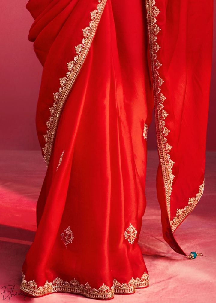 Crimson Scarlet Paisley Trim Border Soft Silk Saree