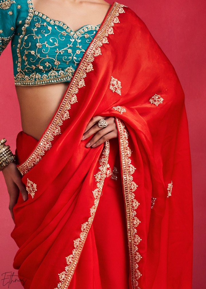 Crimson Scarlet Paisley Trim Border Soft Silk Saree
