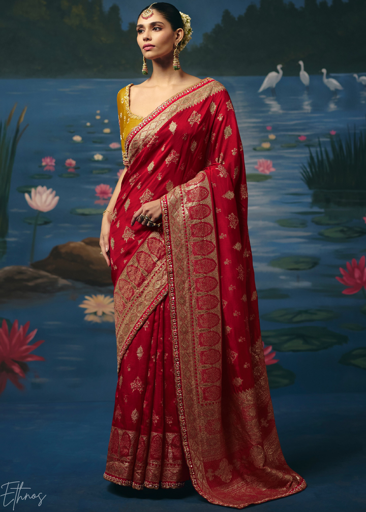 Crimson Traditional Zari Woven Border Dola Silk Saree