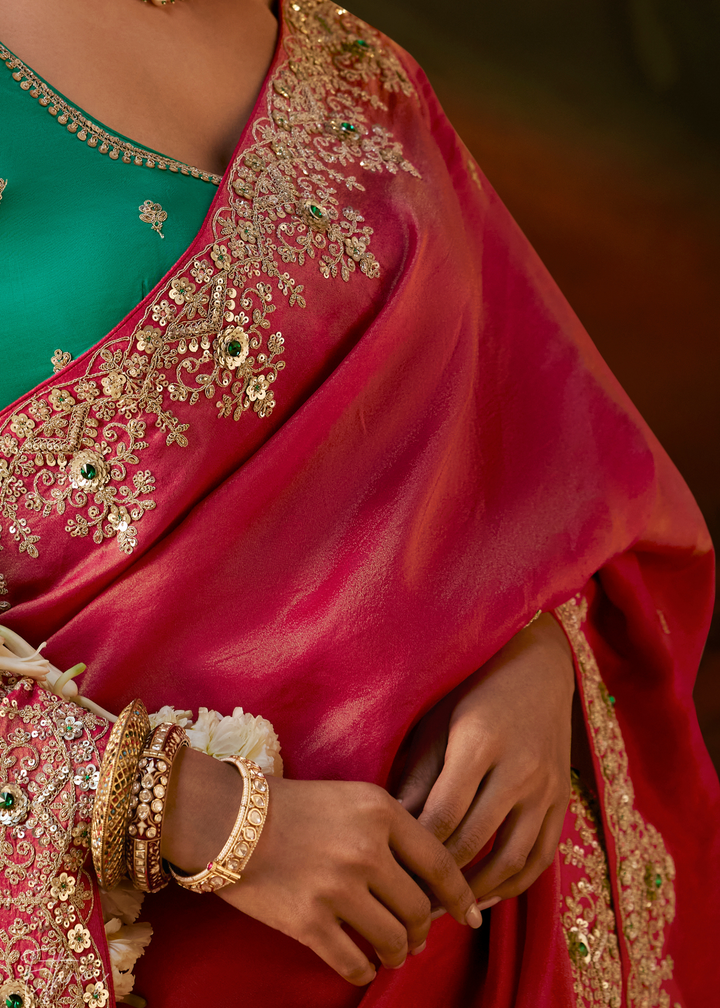 Crimson Wine Tambour Embroidered Border Tissue Saree