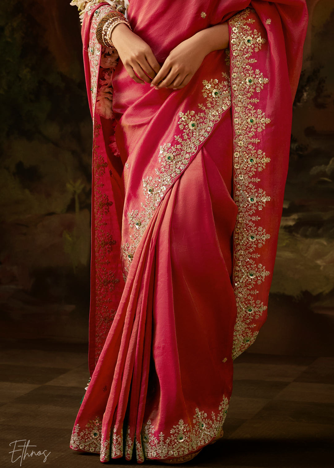 Crimson Wine Tambour Embroidered Border Tissue Saree