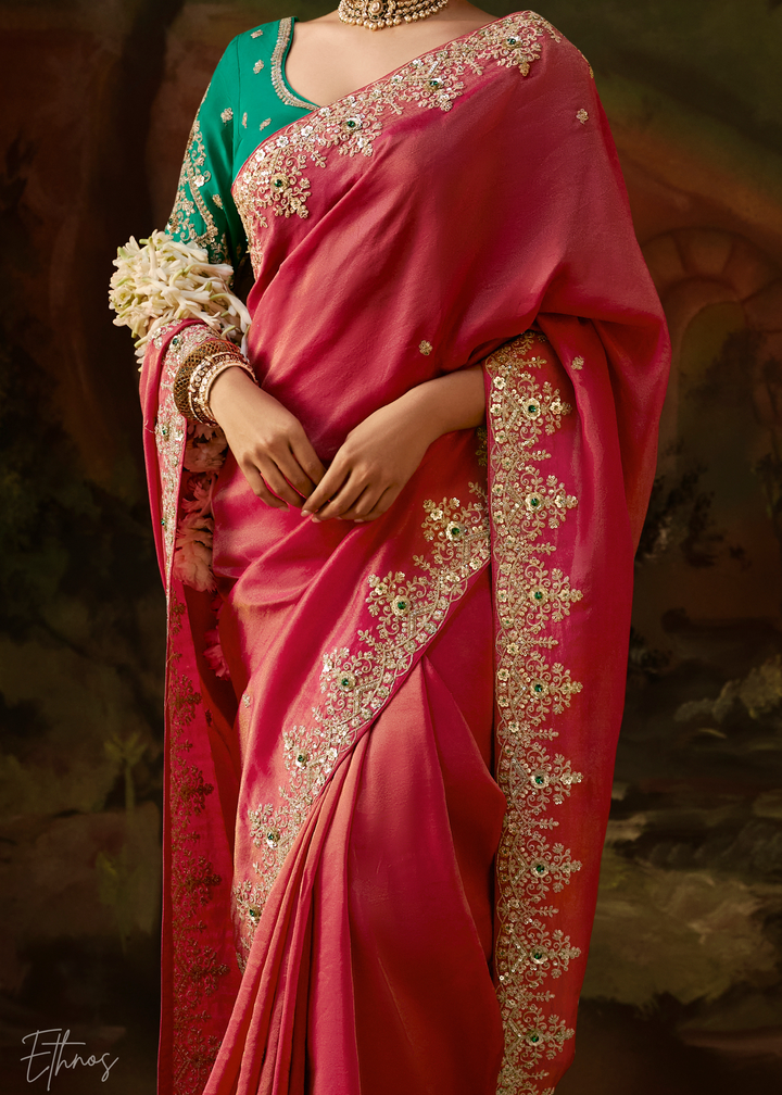 Crimson Wine Tambour Embroidered Border Tissue Saree