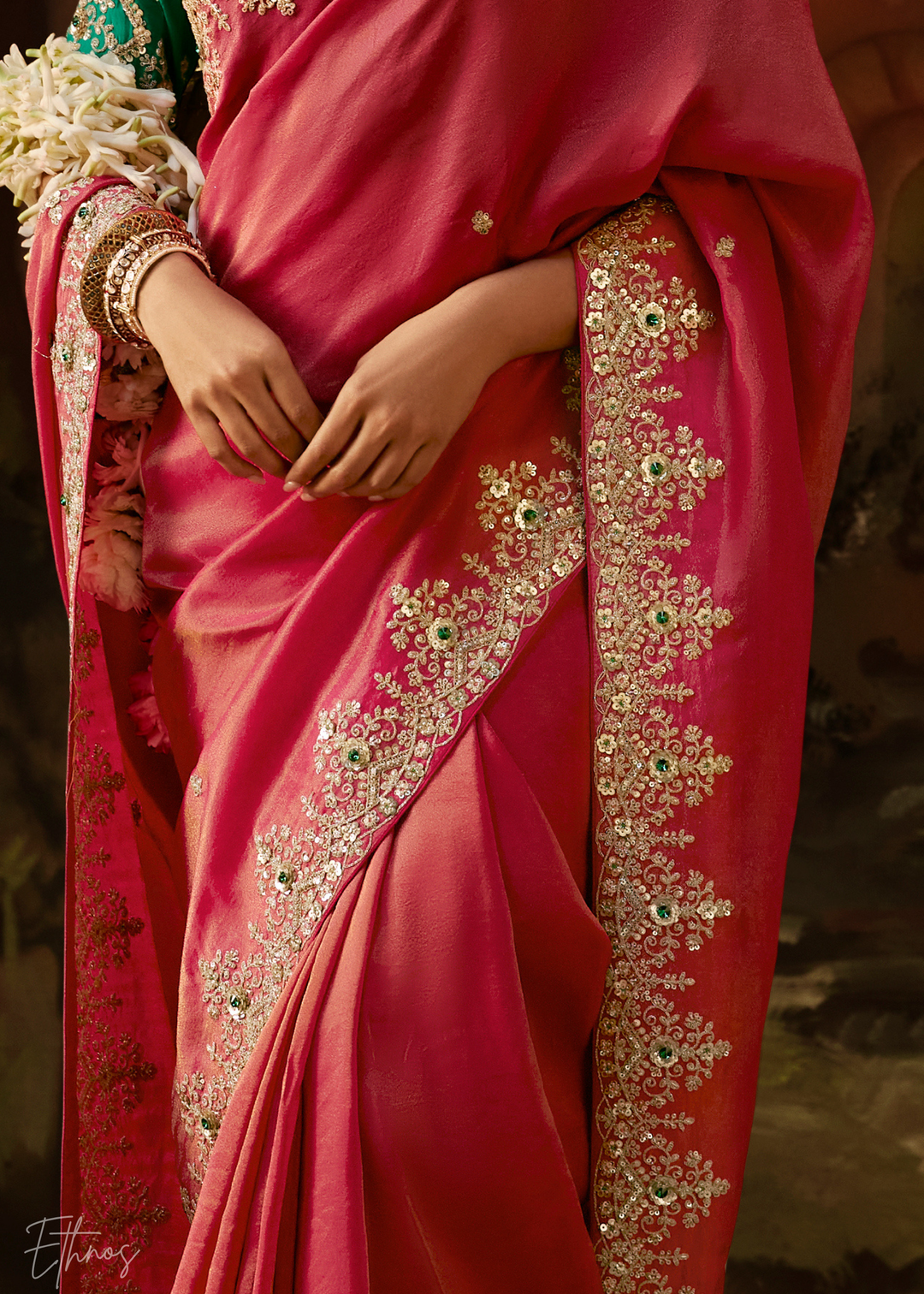 Crimson Wine Tambour Embroidered Border Tissue Saree