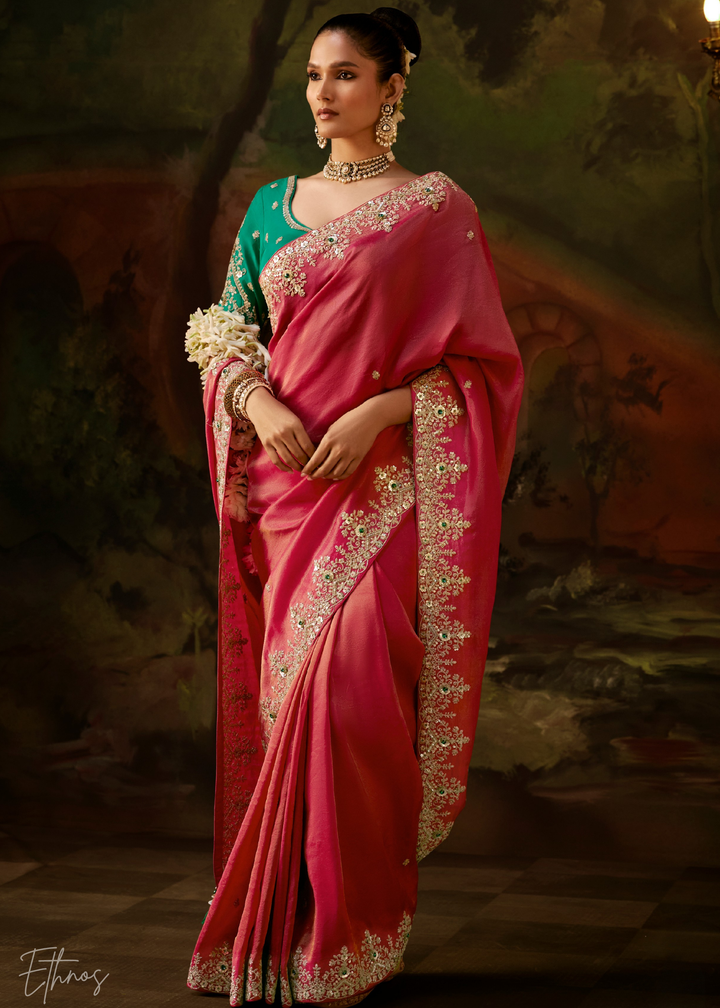 Crimson Wine Tambour Embroidered Border Tissue Saree