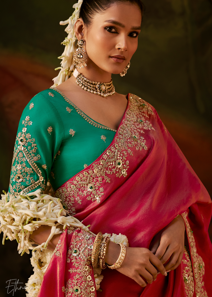 Crimson Wine Tambour Embroidered Border Tissue Saree