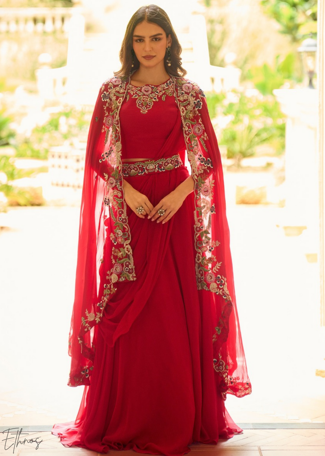 Crimson Baroque Filigree Faux Georgette Cape Skirt Set