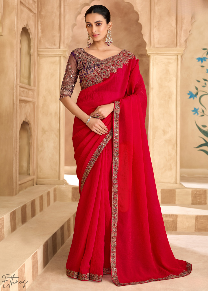 Crimson Berry Floral Accent Satin Georgette Saree