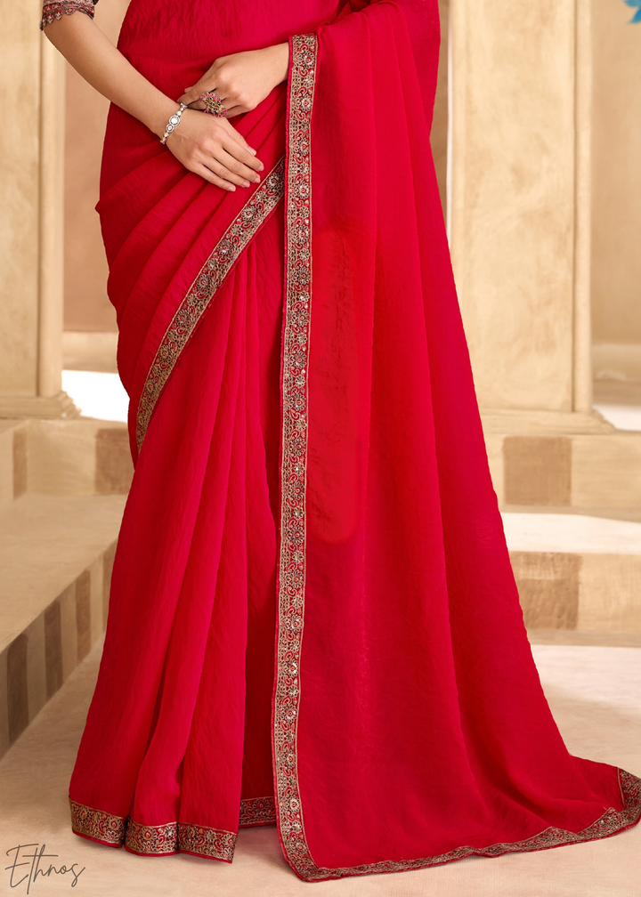 Crimson Berry Floral Accent Satin Georgette Saree