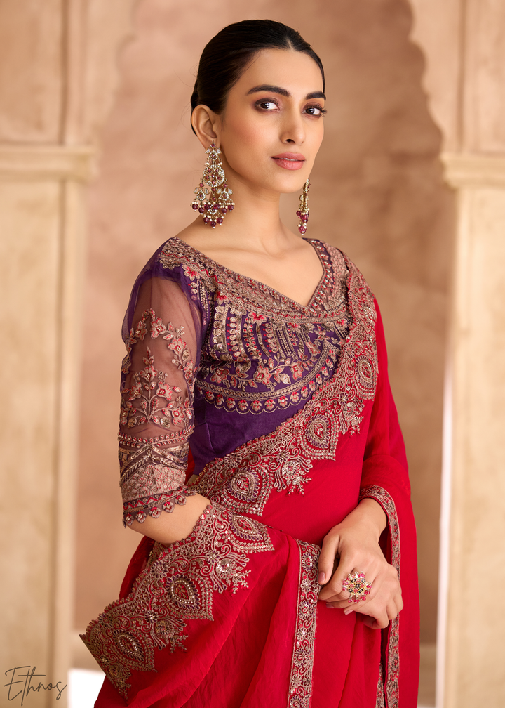 Crimson Berry Floral Accent Satin Georgette Saree