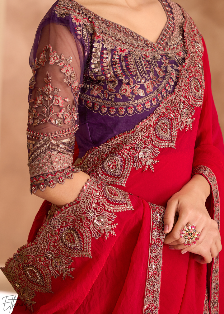 Crimson Berry Floral Accent Satin Georgette Saree