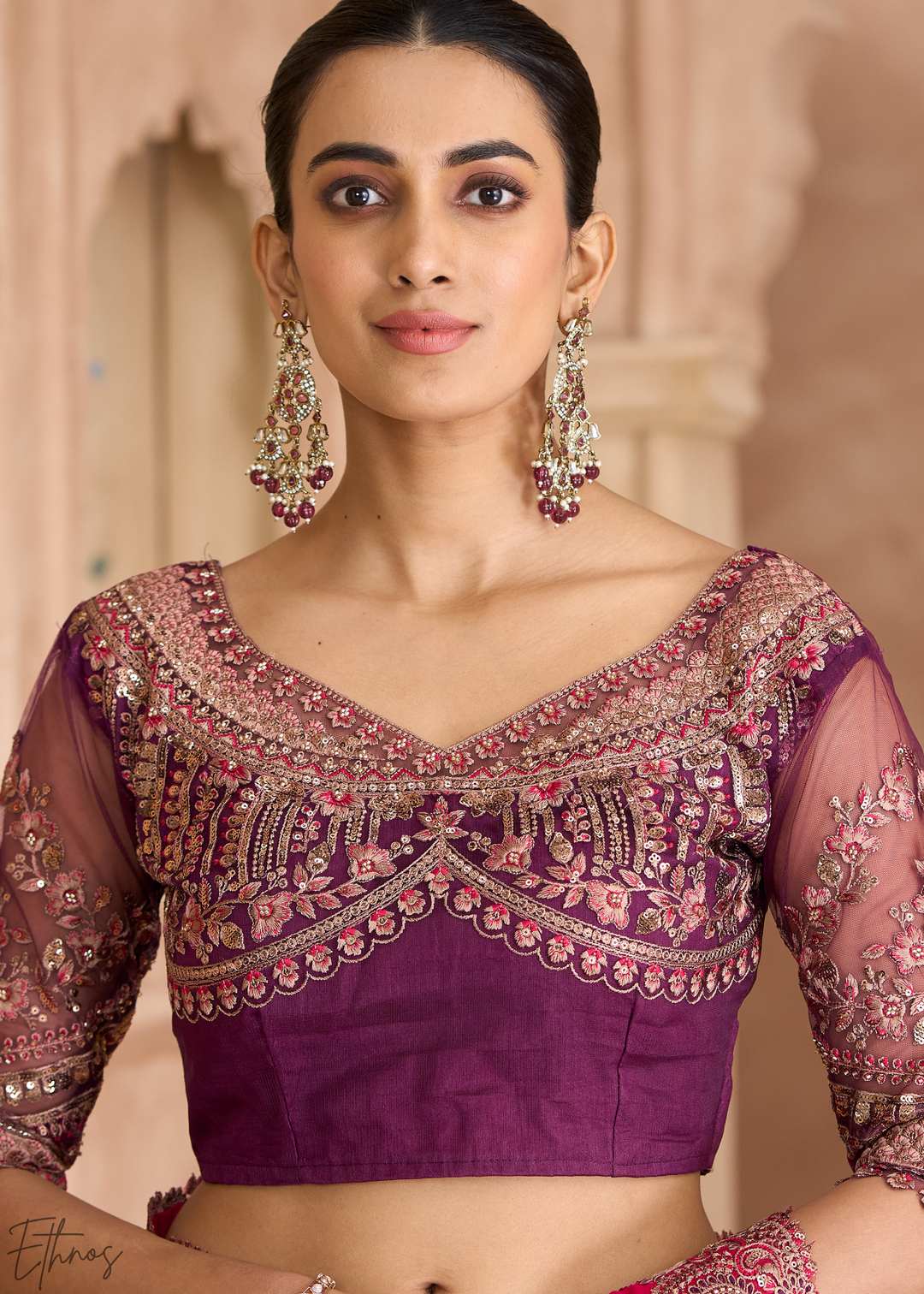 Crimson Berry Floral Accent Satin Georgette Saree
