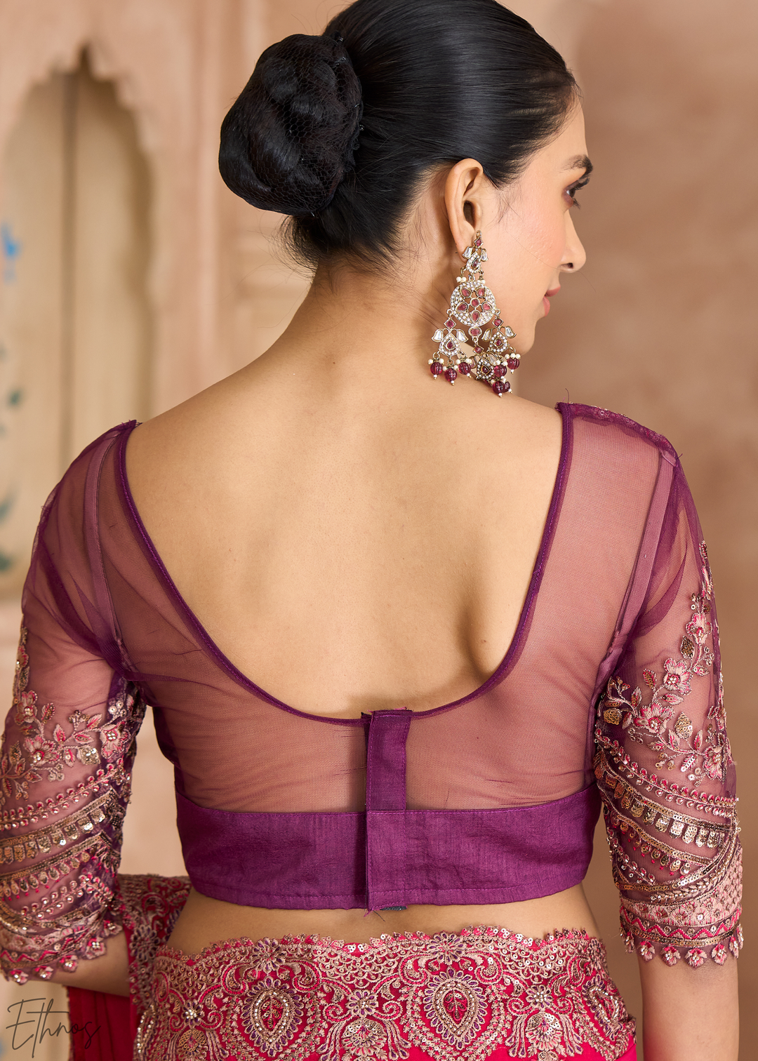 Crimson Berry Floral Accent Satin Georgette Saree