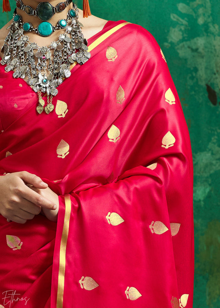Crimson Fuchsia Leheriya Chevron Satin Saree