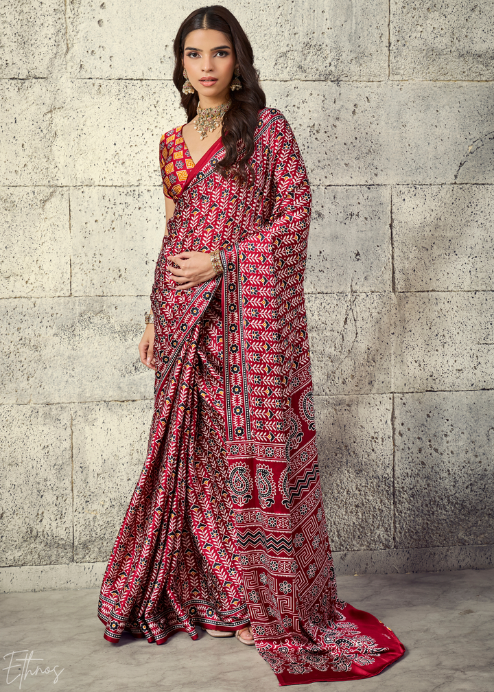Crimson Maroon Ajrakh Printed Modal Satin Saree