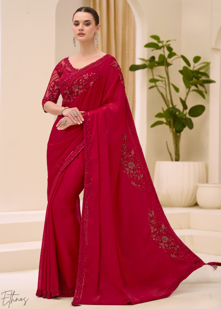 Crimson Red Floral Embroidered Satin Chiffon Saree