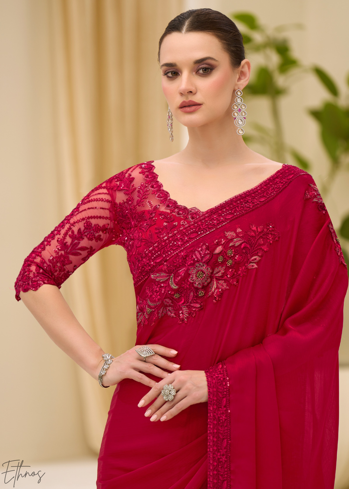 Crimson Red Floral Embroidered Satin Chiffon Saree