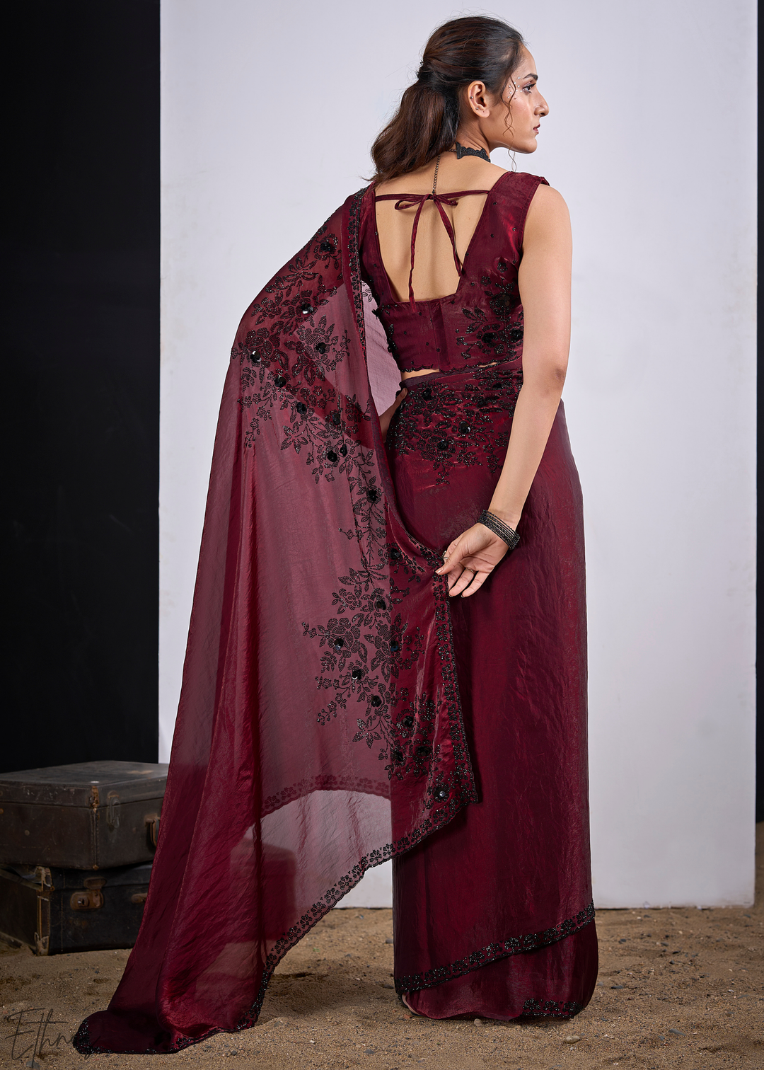 Cuprite Maroon Floral Swarovski Fendy Satin Silk Saree