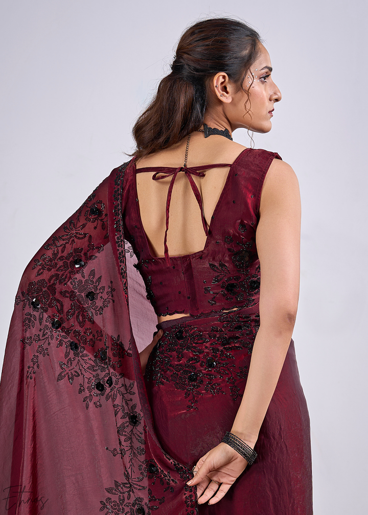 Cuprite Maroon Floral Swarovski Fendy Satin Silk Saree