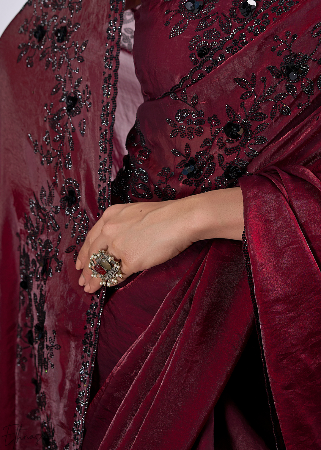 Cuprite Maroon Floral Swarovski Fendy Satin Silk Saree