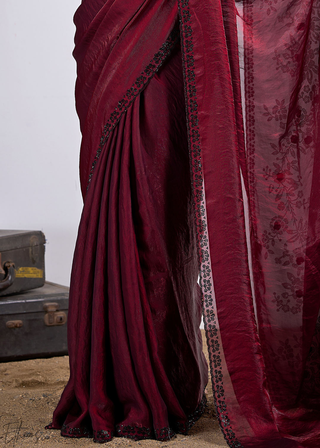 Cuprite Maroon Floral Swarovski Fendy Satin Silk Saree