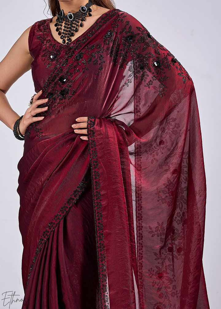 Cuprite Maroon Floral Swarovski Fendy Satin Silk Saree