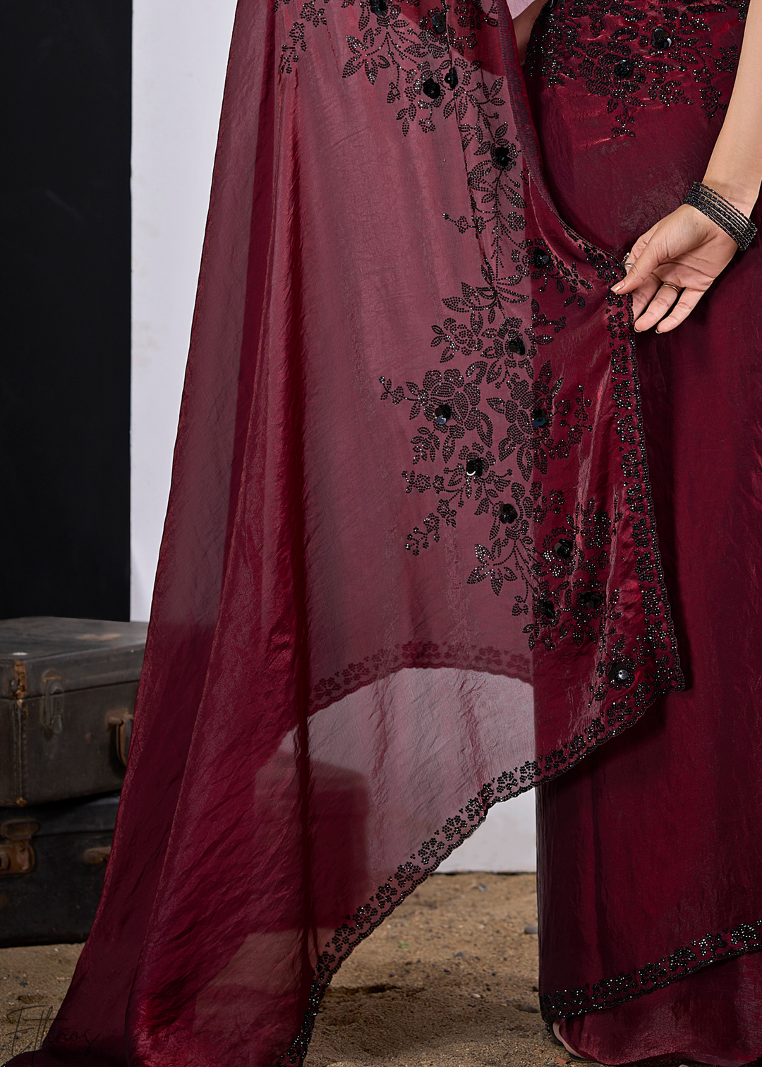 Cuprite Maroon Floral Swarovski Fendy Satin Silk Saree