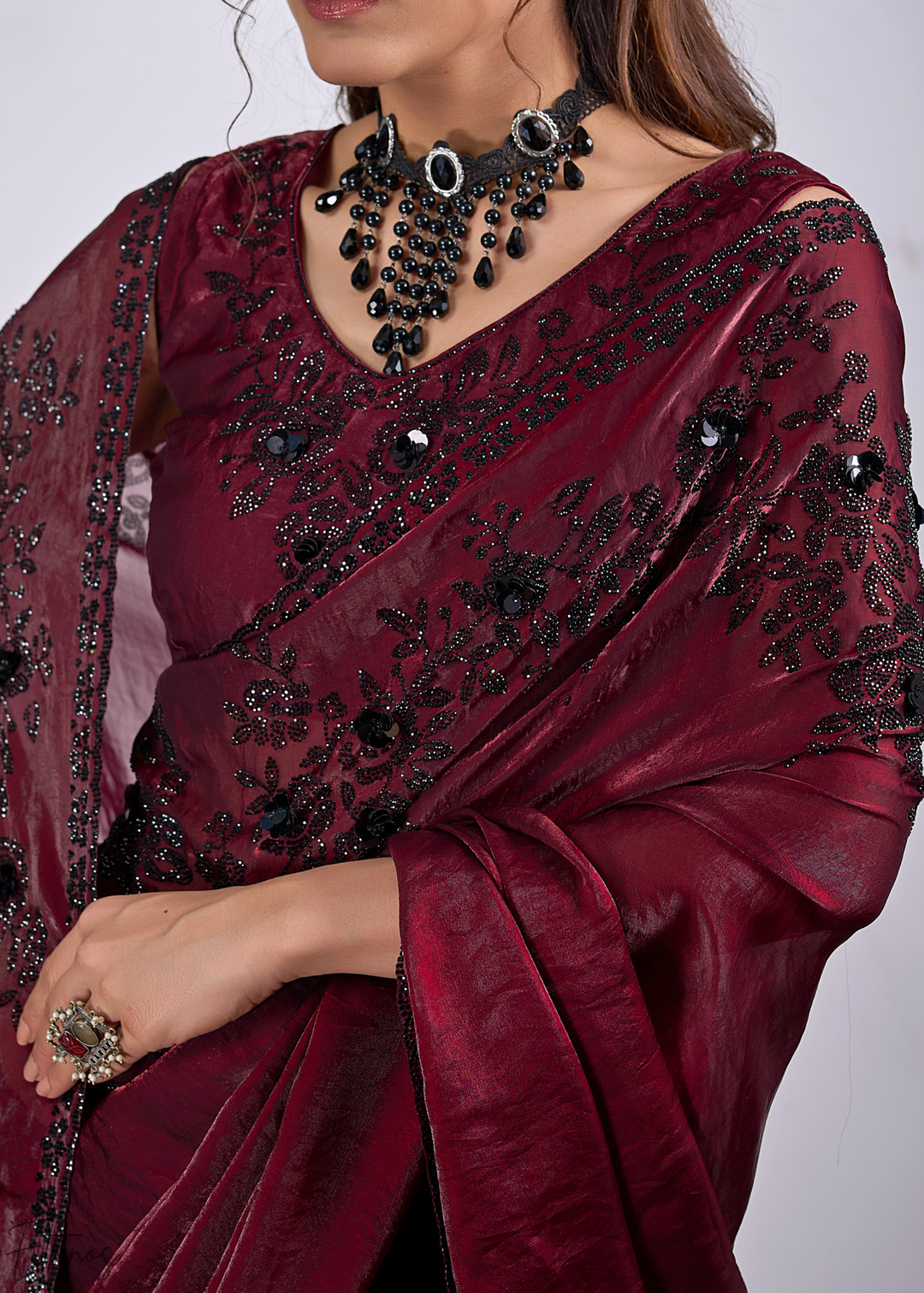 Cuprite Maroon Floral Swarovski Fendy Satin Silk Saree