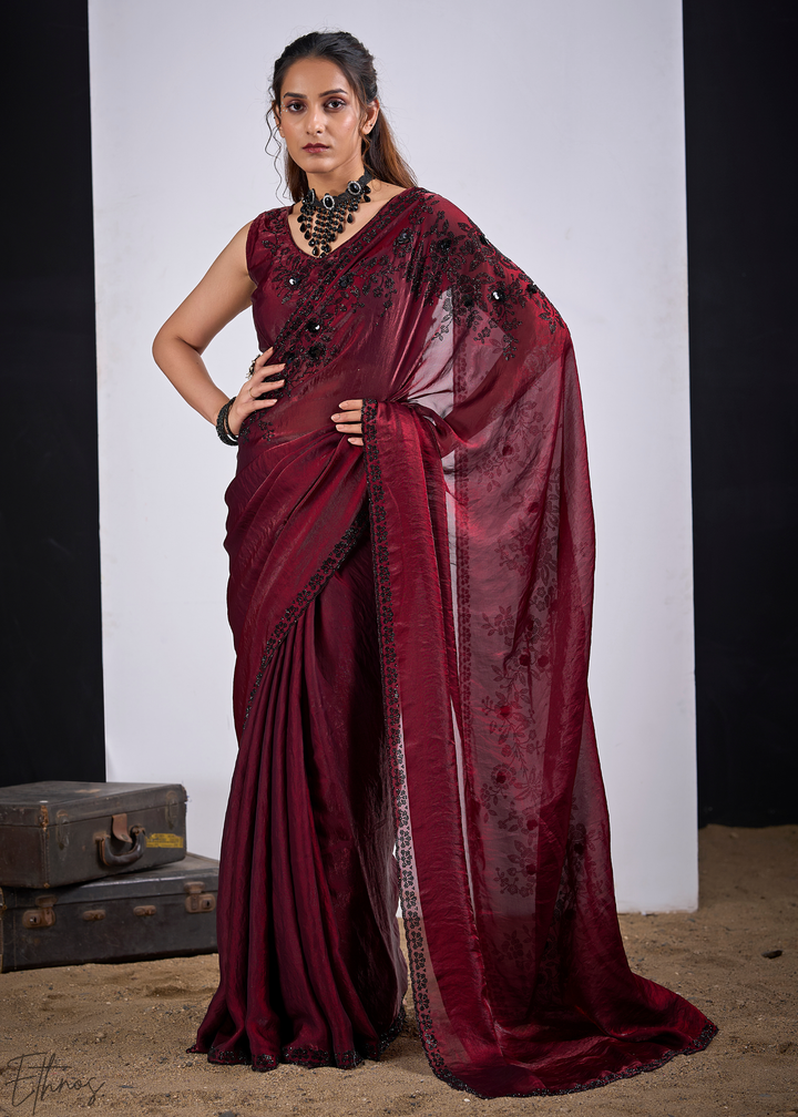 Cuprite Maroon Floral Swarovski Fendy Satin Silk Saree