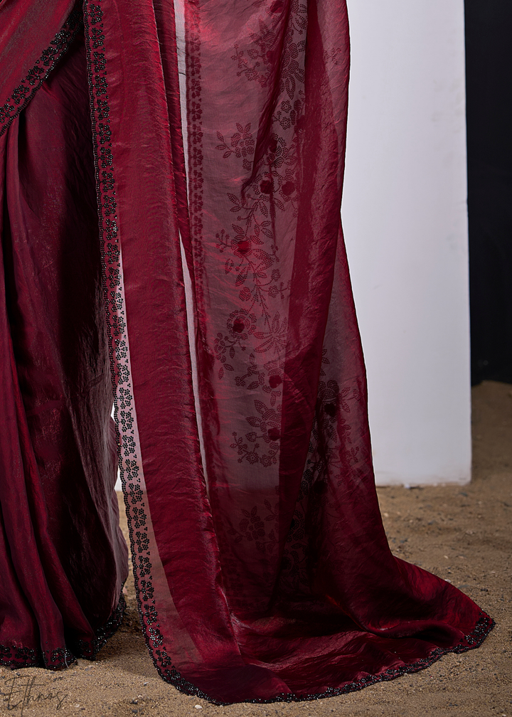 Cuprite Maroon Floral Swarovski Fendy Satin Silk Saree